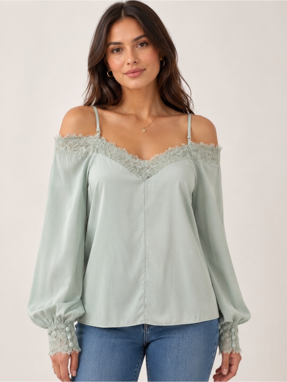 Mustard Seed Anthropologie Sage Green Off-Shoulder Lace Trim Blouse NWT